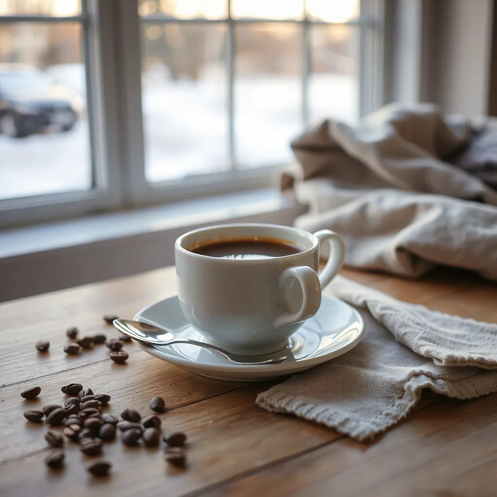 Warm cup of smooth evening coffee with steam, coffee beans, and dusk light on a wooden table