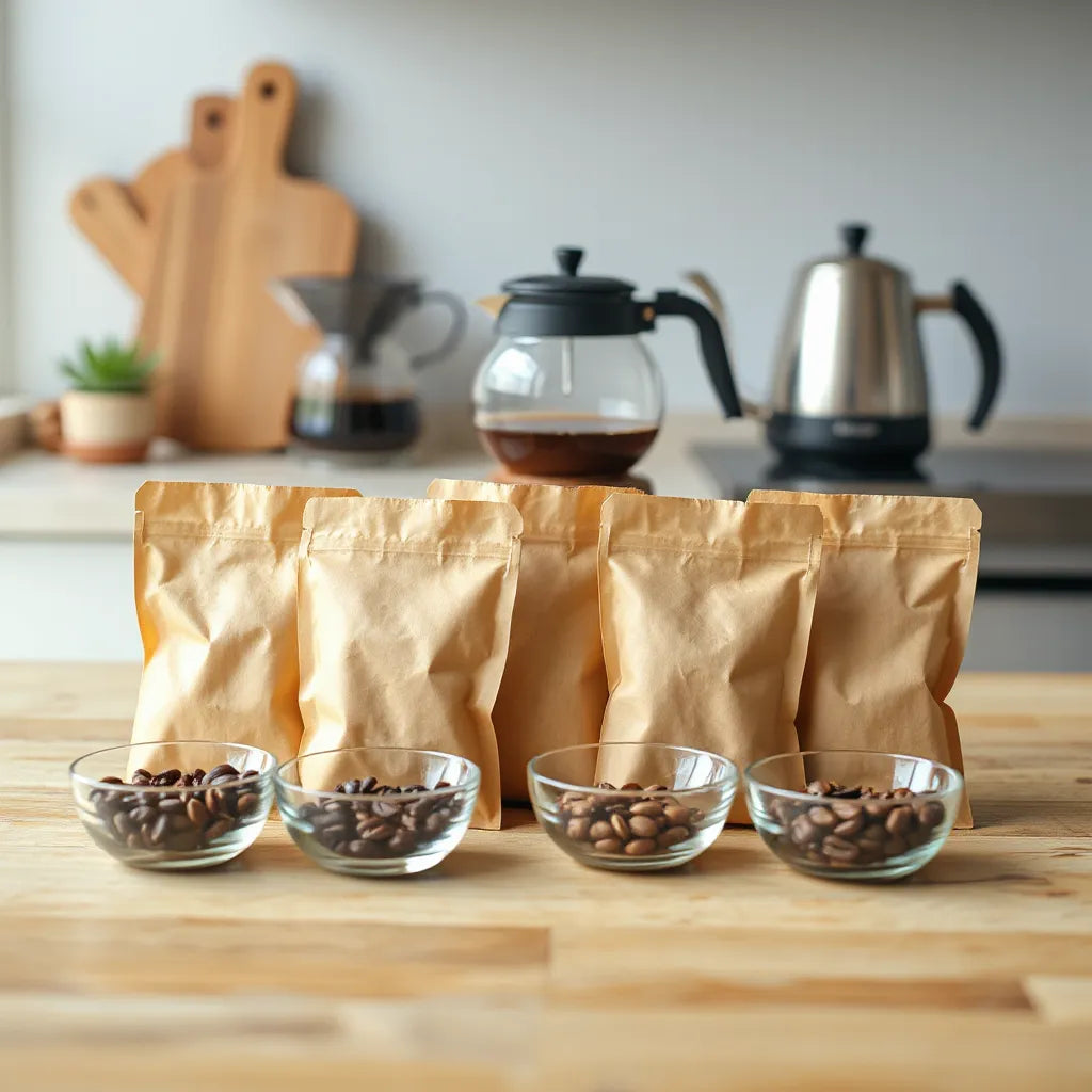 Assorted coffee sample bags on a wooden table with coffee beans and pour-over brewing gear