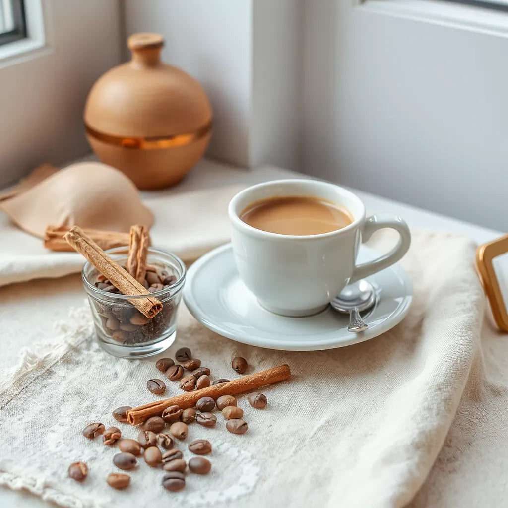 Cup of coffee with cinnamon and scattered beans on a linen cloth in warm morning light