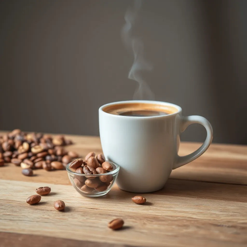 Cup of hazelnut flavored coffee with chopped hazelnuts on a wooden table