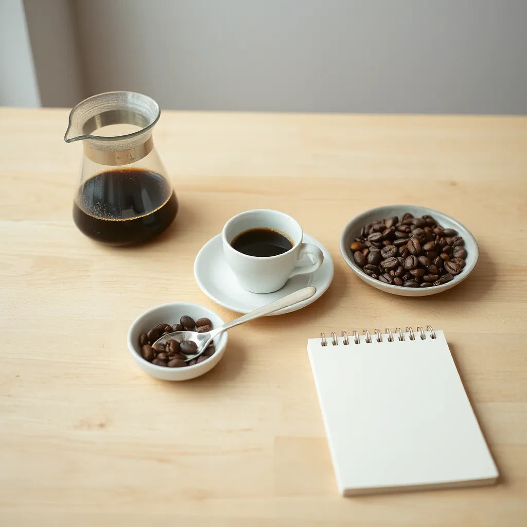 Pour-over coffee cup with steam, coffee beans, and a cupping spoon on a wooden table