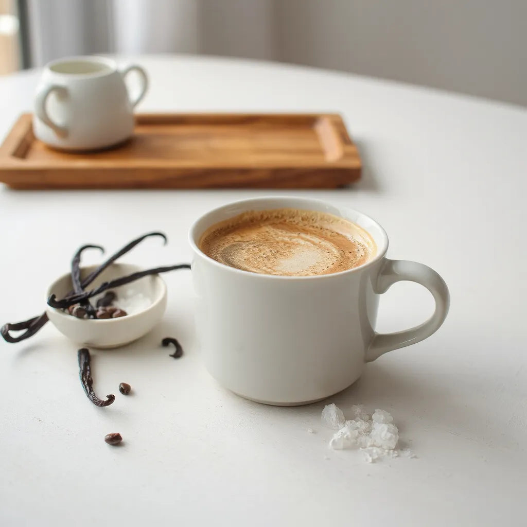 A mug of coffee next to vanilla bean pods and vanilla sugar crystals on a wooden tray