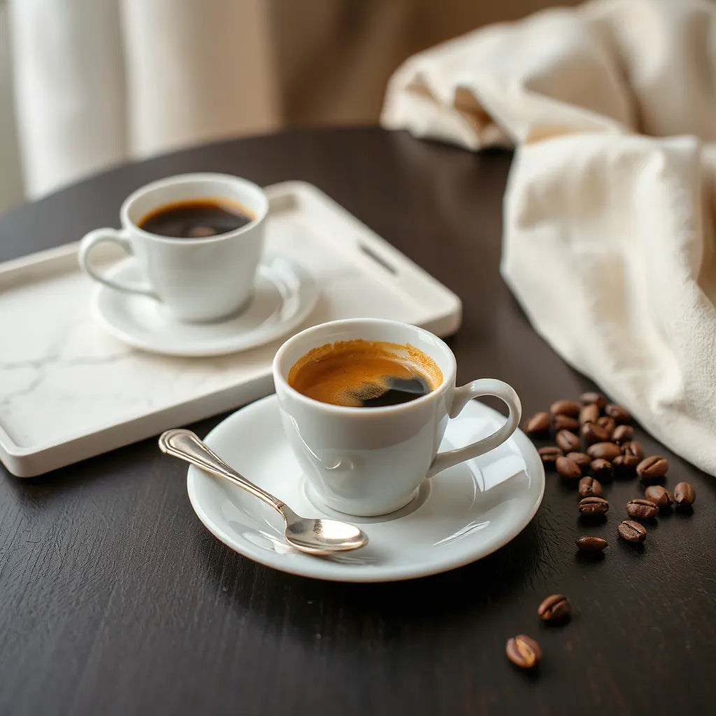 Elegant demitasse coffee with crema on a saucer beside a few coffee beans