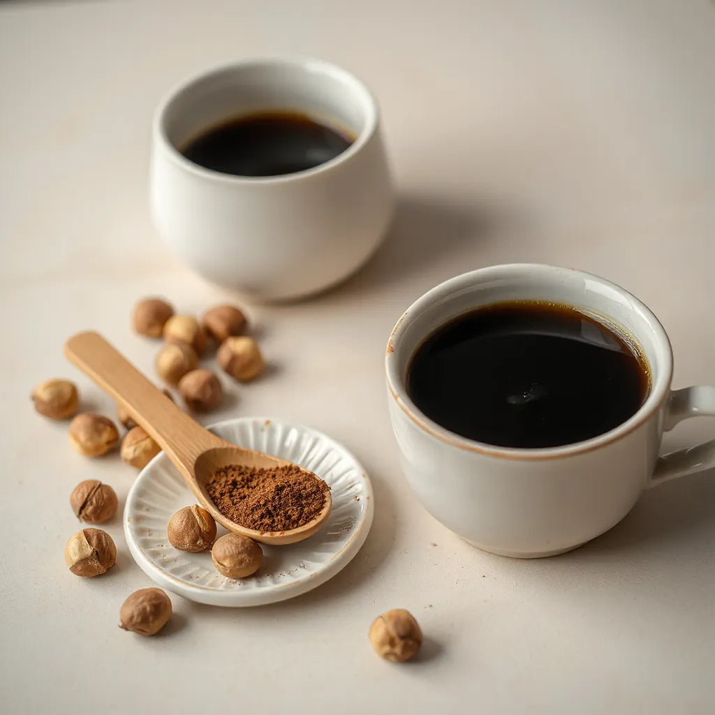 Dark coffee in a cup with hazelnuts and ground coffee on a neutral tabletop