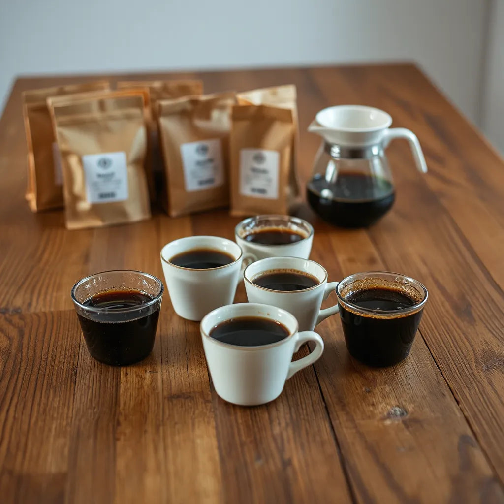 Assorted coffee cups and small coffee bag samples on a wooden tasting table