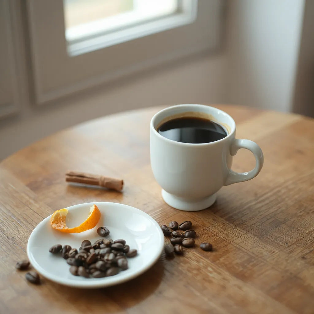 Dark coffee in a ceramic cup with coffee beans, cinnamon, orange peel, and berries on a wooden table
