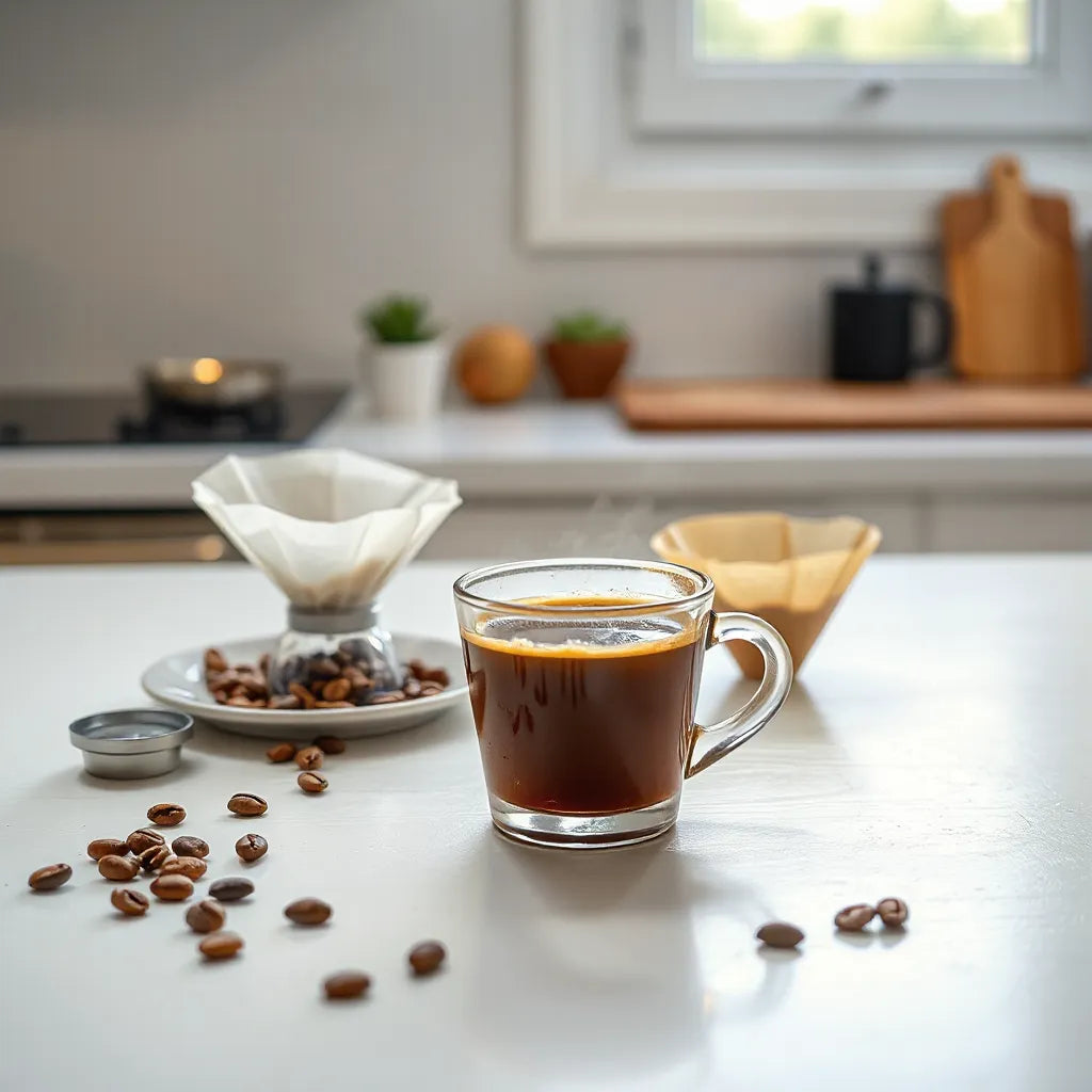 A steaming cup of coffee beside coffee beans and a pour-over setup in warm morning light