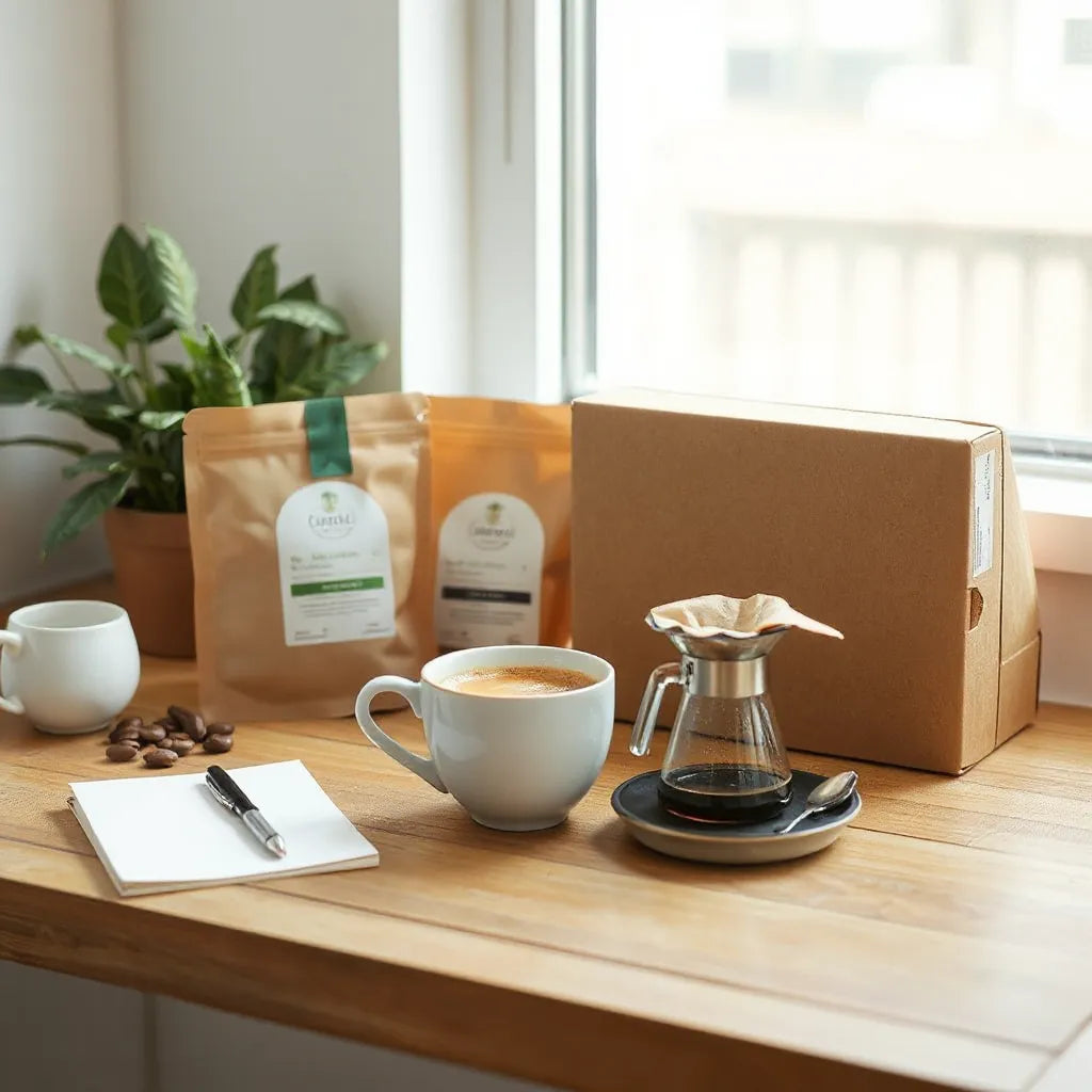 Ceramic pour-over setup with a coffee cup and a subscription box on a wooden counter