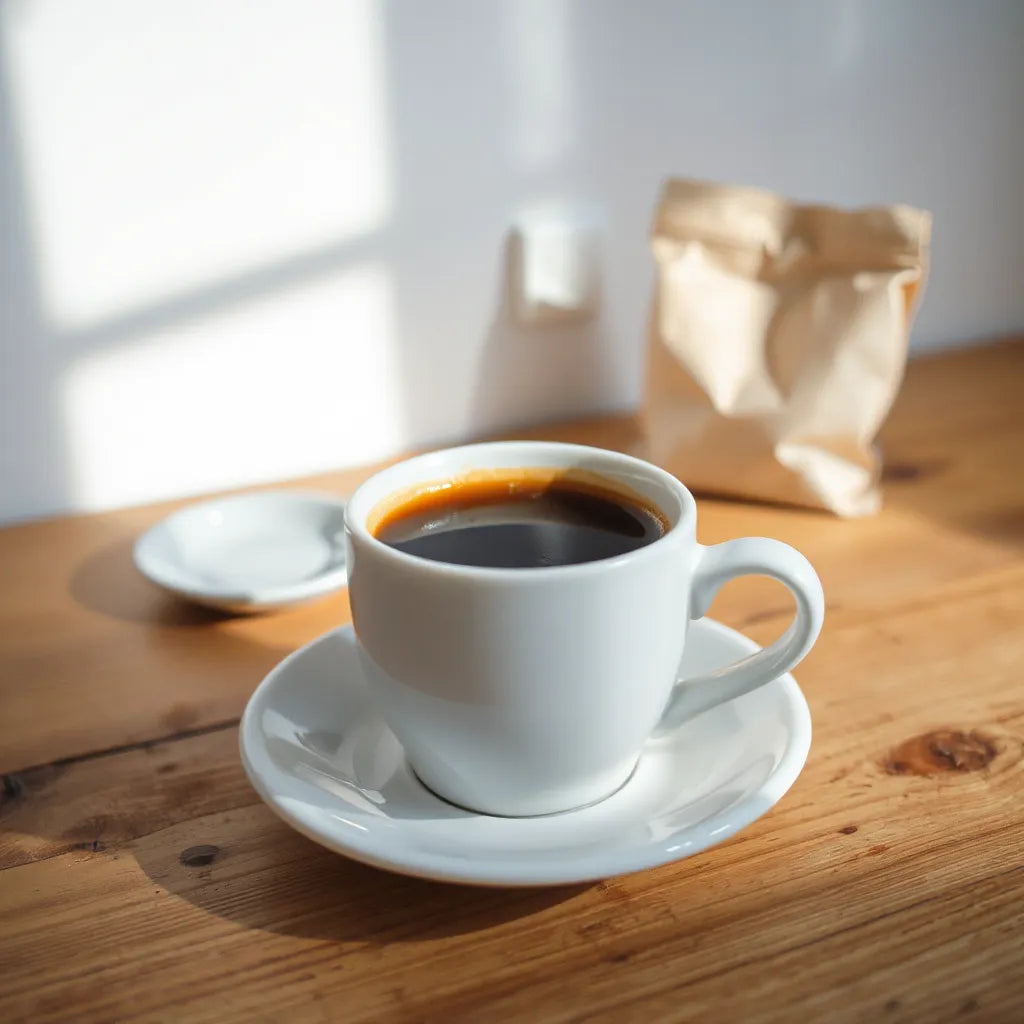 A freshly brewed coffee cup with smooth crema and gentle steam on a clean wooden surface