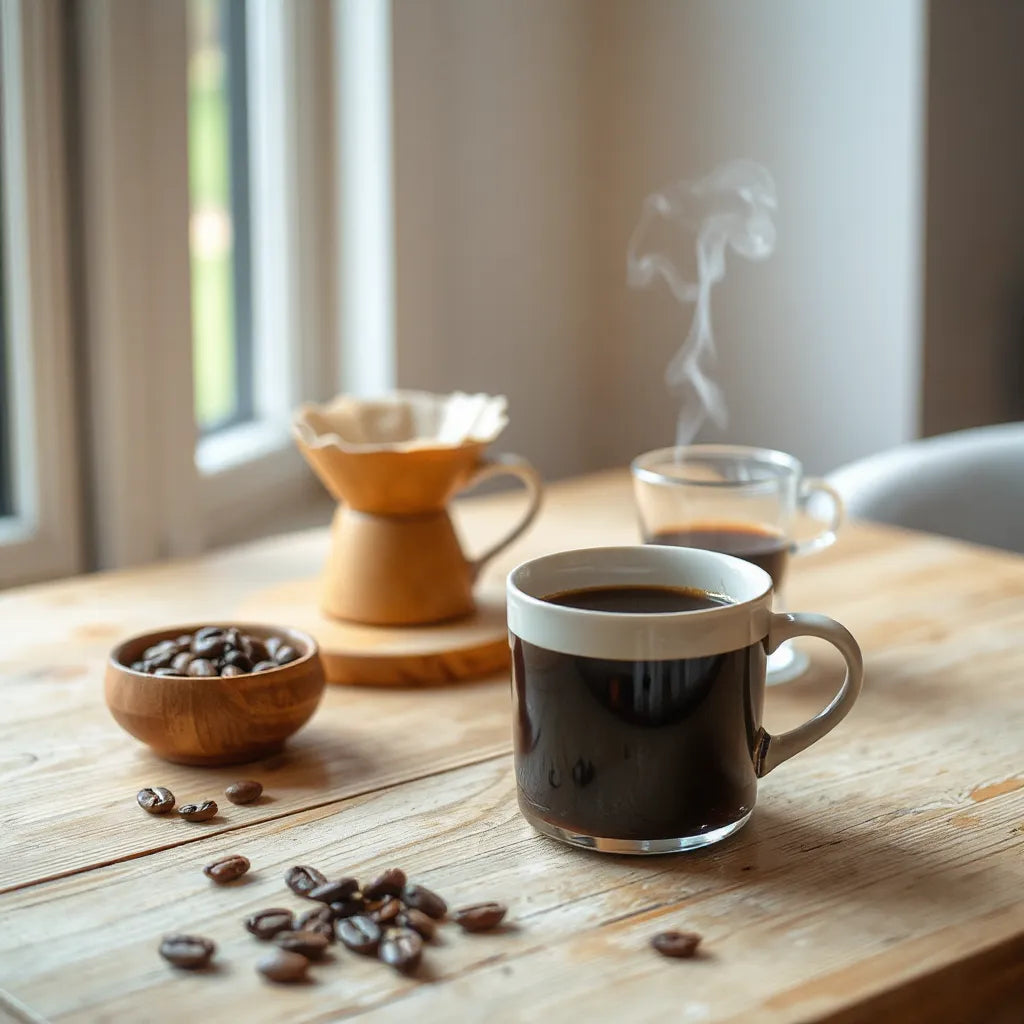 Steaming dark coffee in a ceramic mug with coffee beans and a simple pour-over setup on a wooden table