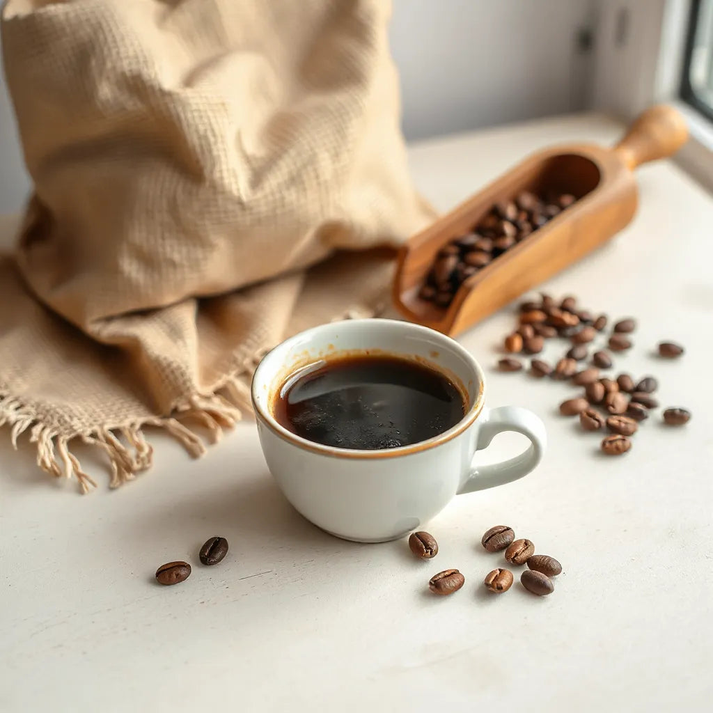 A cup of freshly brewed arabica coffee with crema and scattered beans on a light countertop