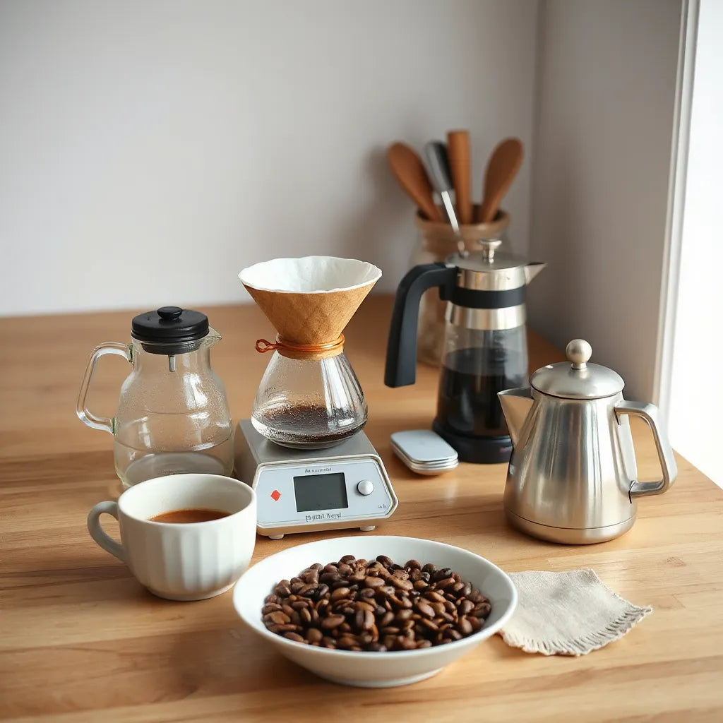 Pour-over brewer, kettle, grinder, and coffee beans arranged on a wooden counter under soft natural light