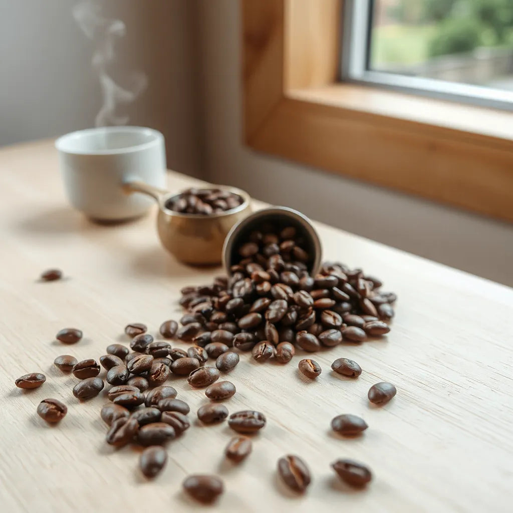 Fresh coffee beans on a wooden surface with a scoop and ceramic container nearby