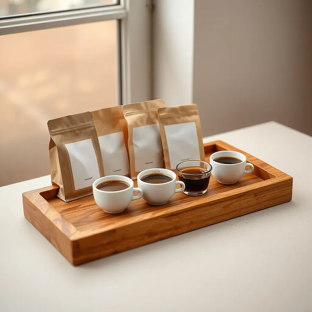 Assorted small cups of freshly brewed coffee samples on a wooden tray with craft coffee bags nearby