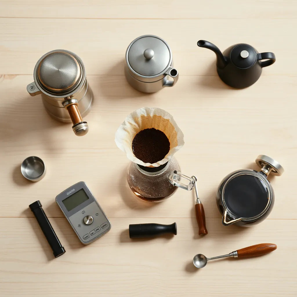 Coffee brewing tools laid out: grinder, pour-over dripper, gooseneck kettle, carafe, and scale