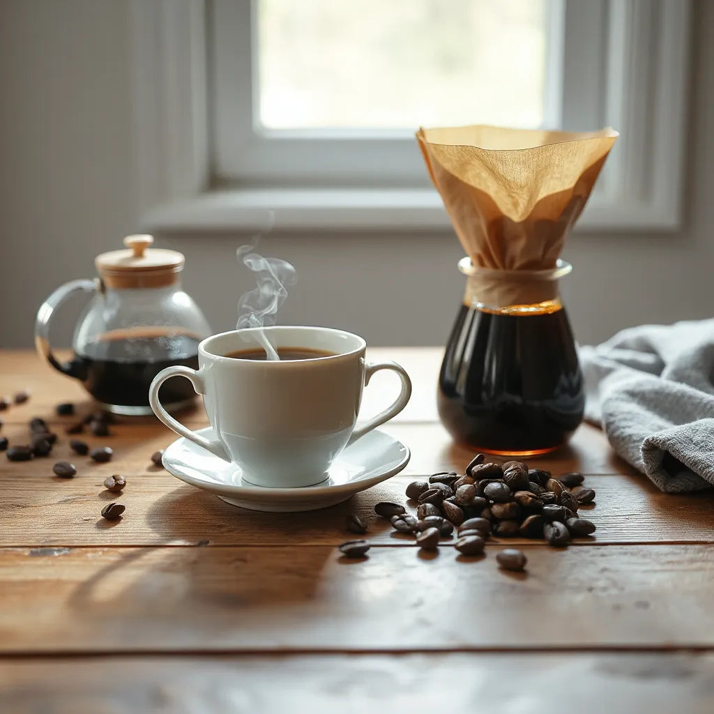 Two cups of freshly brewed dark coffee with visible steam on a wooden counter