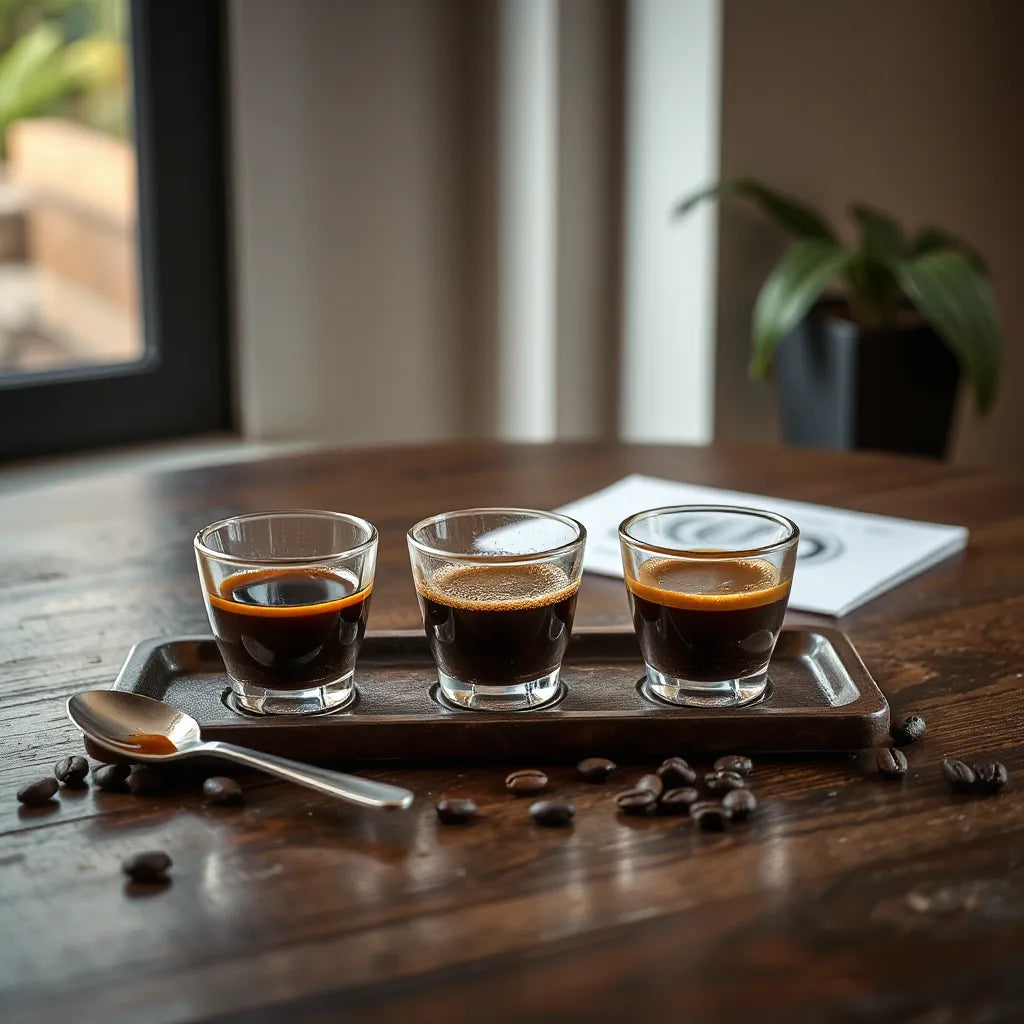 Three small coffee tasting cups on a wooden table with coffee beans and a spoon