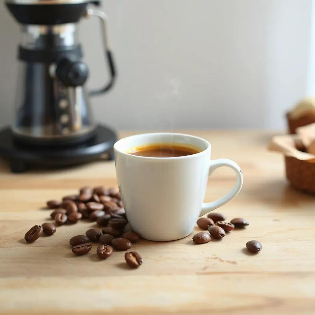 Cup of rich aromatic coffee with crema and coffee beans on a wooden table under warm light