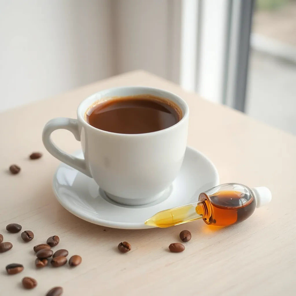 Fresh coffee cup with glossy oil sheen, coffee beans, and a small dropper of amber coffee oil