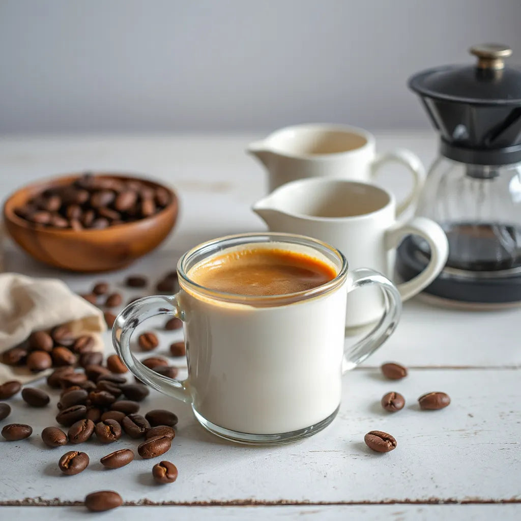 Freshly brewed coffee cup with coffee beans and a simple pour-over setup in warm natural light