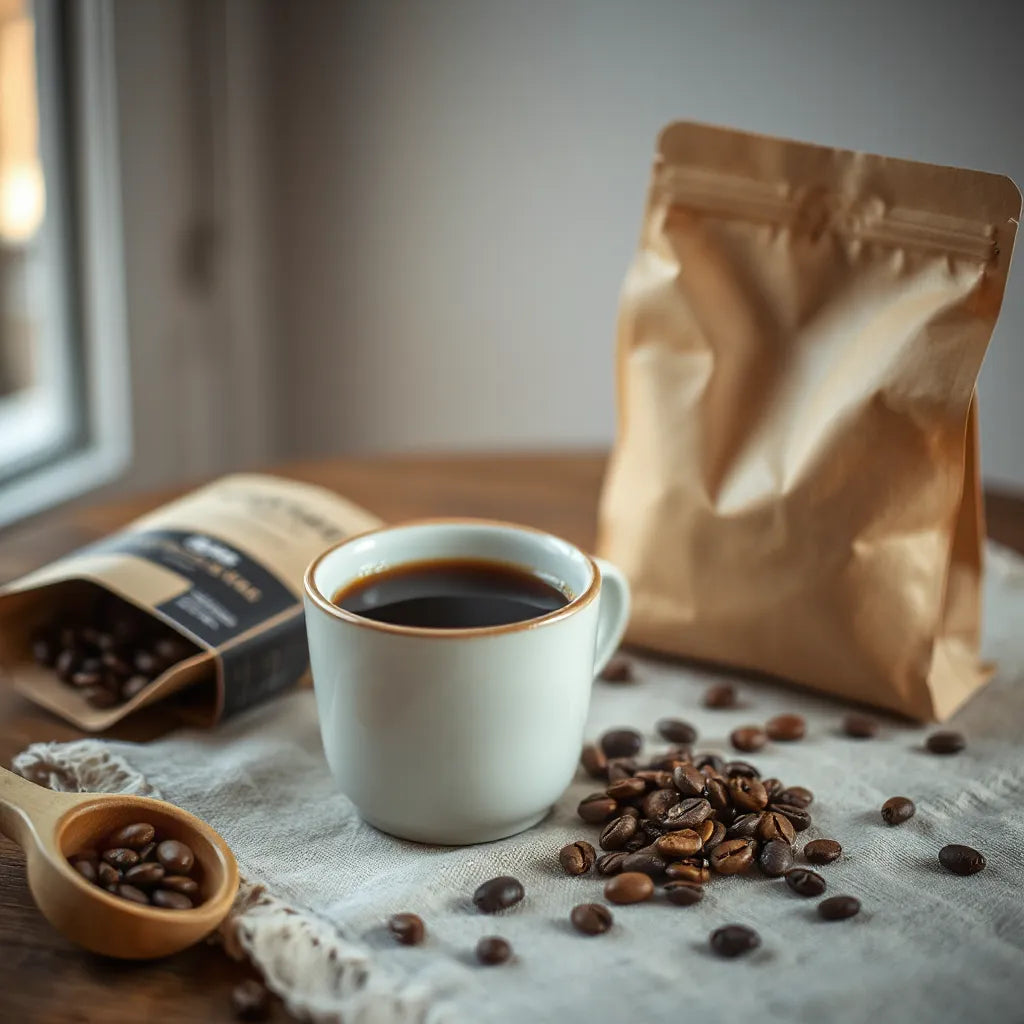 Freshly brewed cup of single-origin coffee with whole beans on a wooden scoop and neutral cloth.
