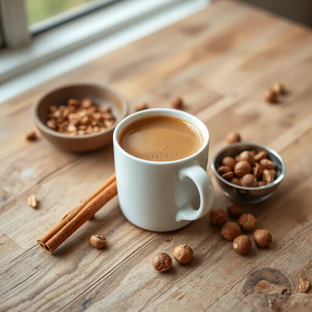 Cup of cinnamon hazelnut coffee with cinnamon sticks and hazelnuts on a wooden table