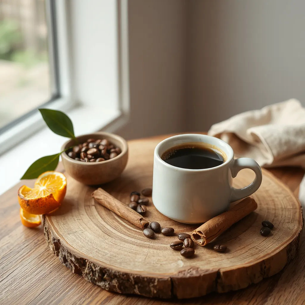Ceramic cup of artisan flavored coffee with cinnamon and orange peel on a wooden tasting tray