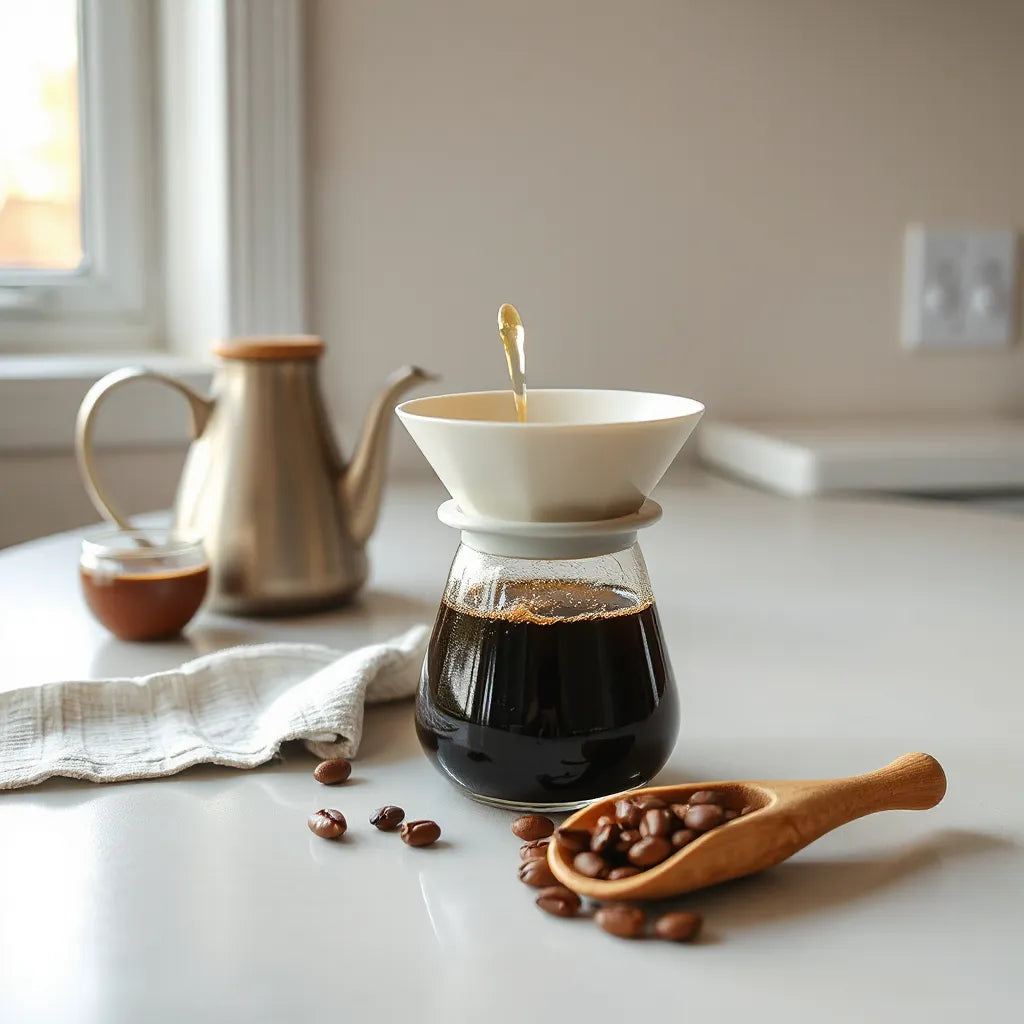 Pour-over coffee brewing with a gooseneck kettle, ceramic dripper, and fresh beans on a clean countertop