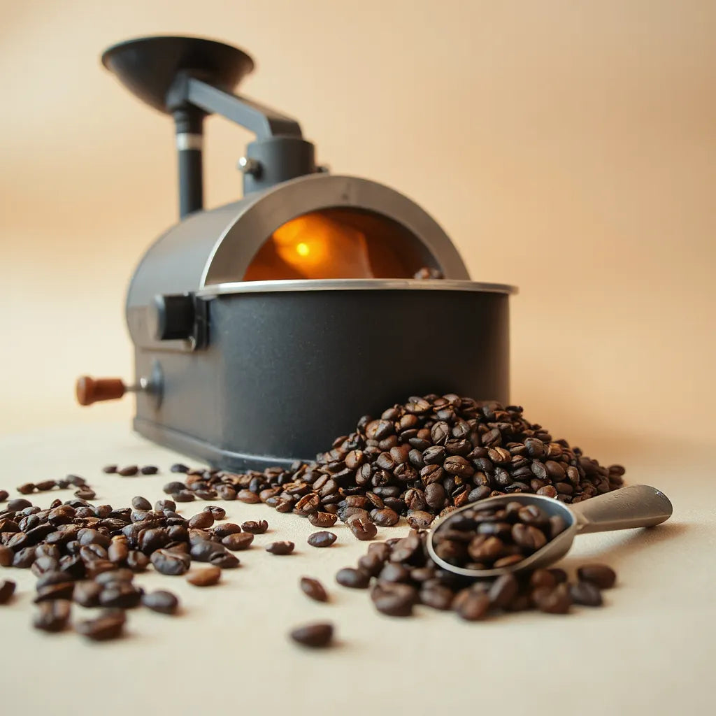 Dark roasted coffee beans beside a small batch roaster drum with warm steam and soft light