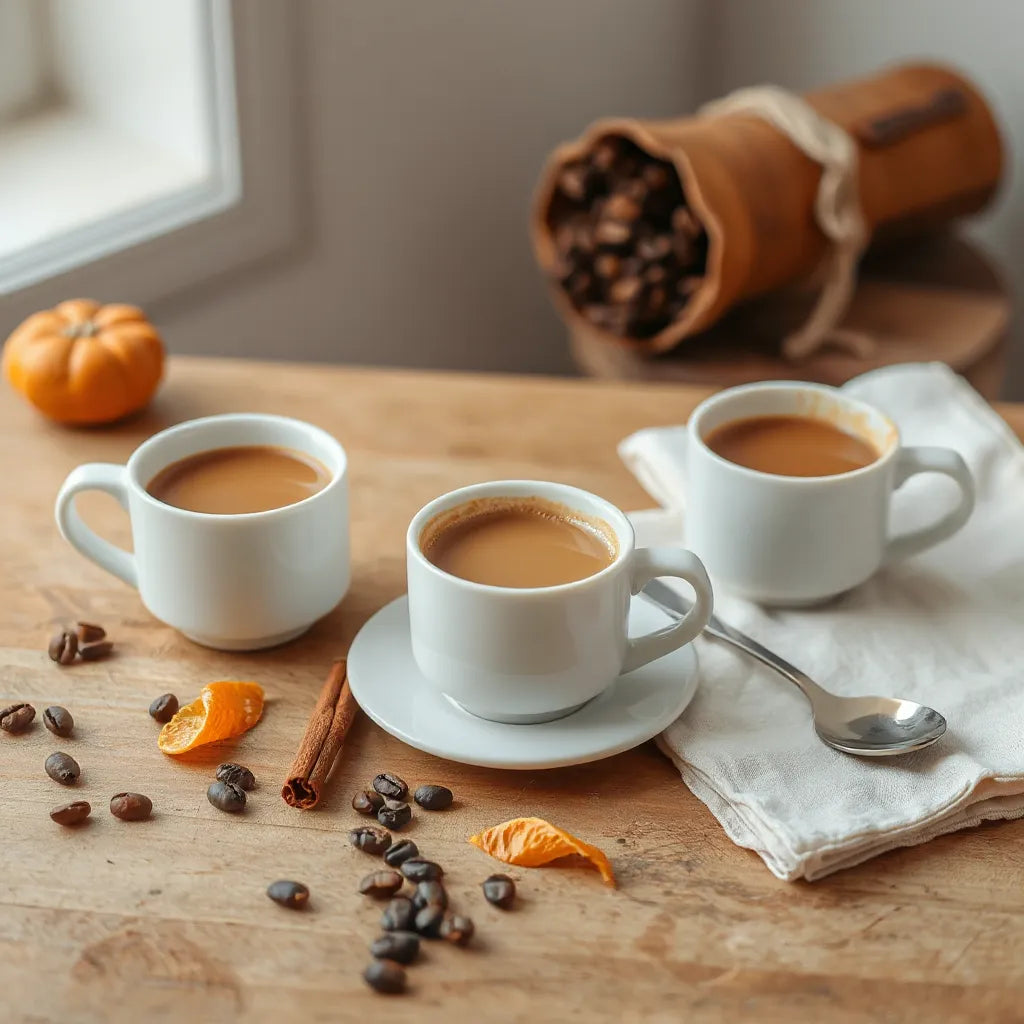 Assorted cups of flavored coffee with cinnamon sticks, orange peel, and coffee beans on a wooden table