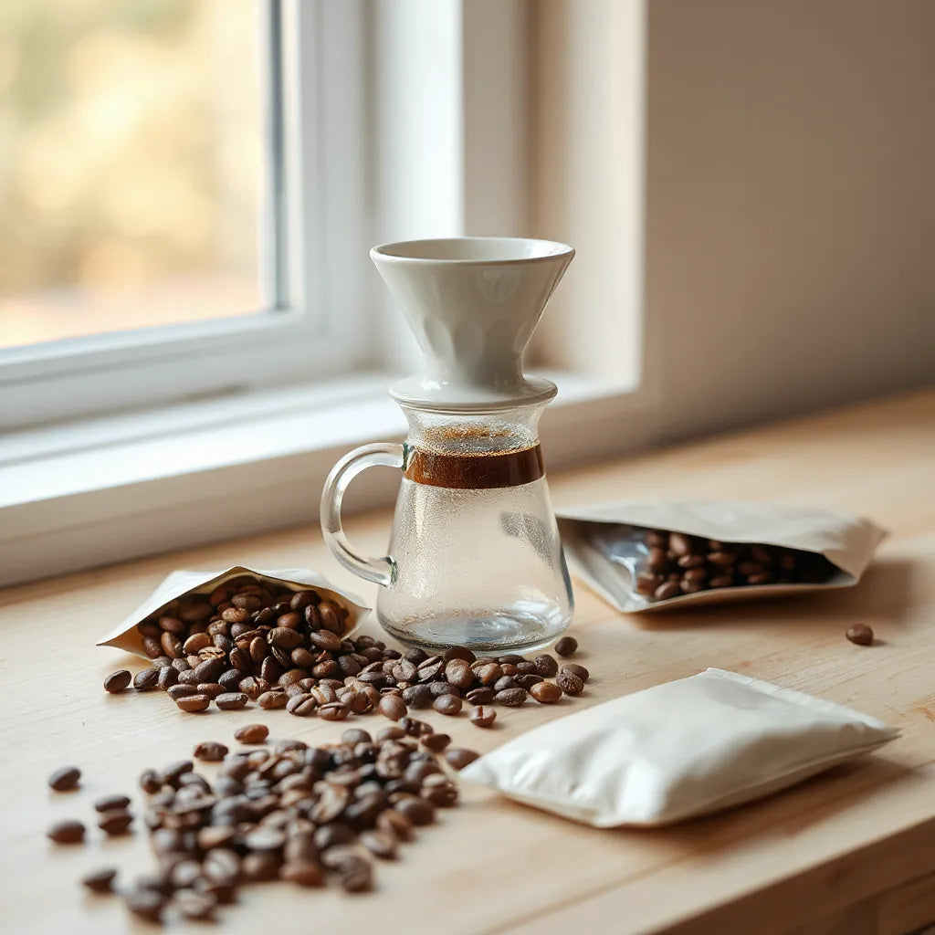 Pour-over dripper and glass carafe with scattered whole coffee beans on a light wood counter