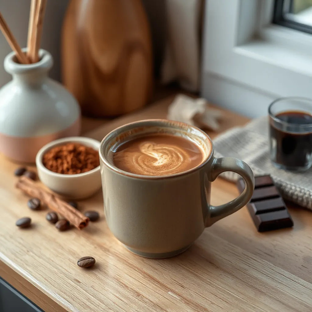 A mug of dark mocha coffee with cocoa powder, coffee beans, and dark chocolate on a wooden surface