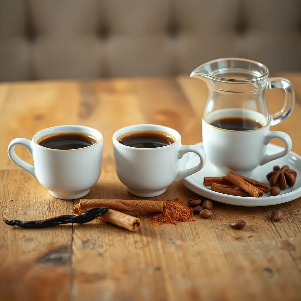 Three cups of flavored coffee with visible vanilla, cocoa cinnamon, and hazelnut accents on a wooden table.