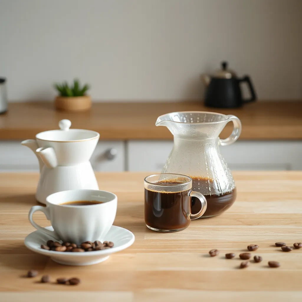 Pour-over coffee brewing setup with a warm cup, steam, and nearby coffee beans on a wooden counter