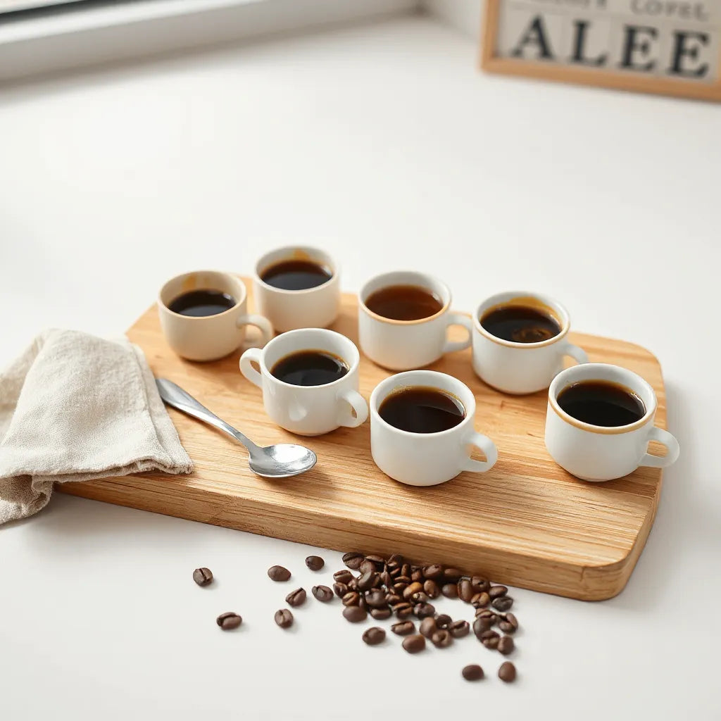 Multiple small cups of different roasted coffee samples on a wooden tasting board with beans nearby