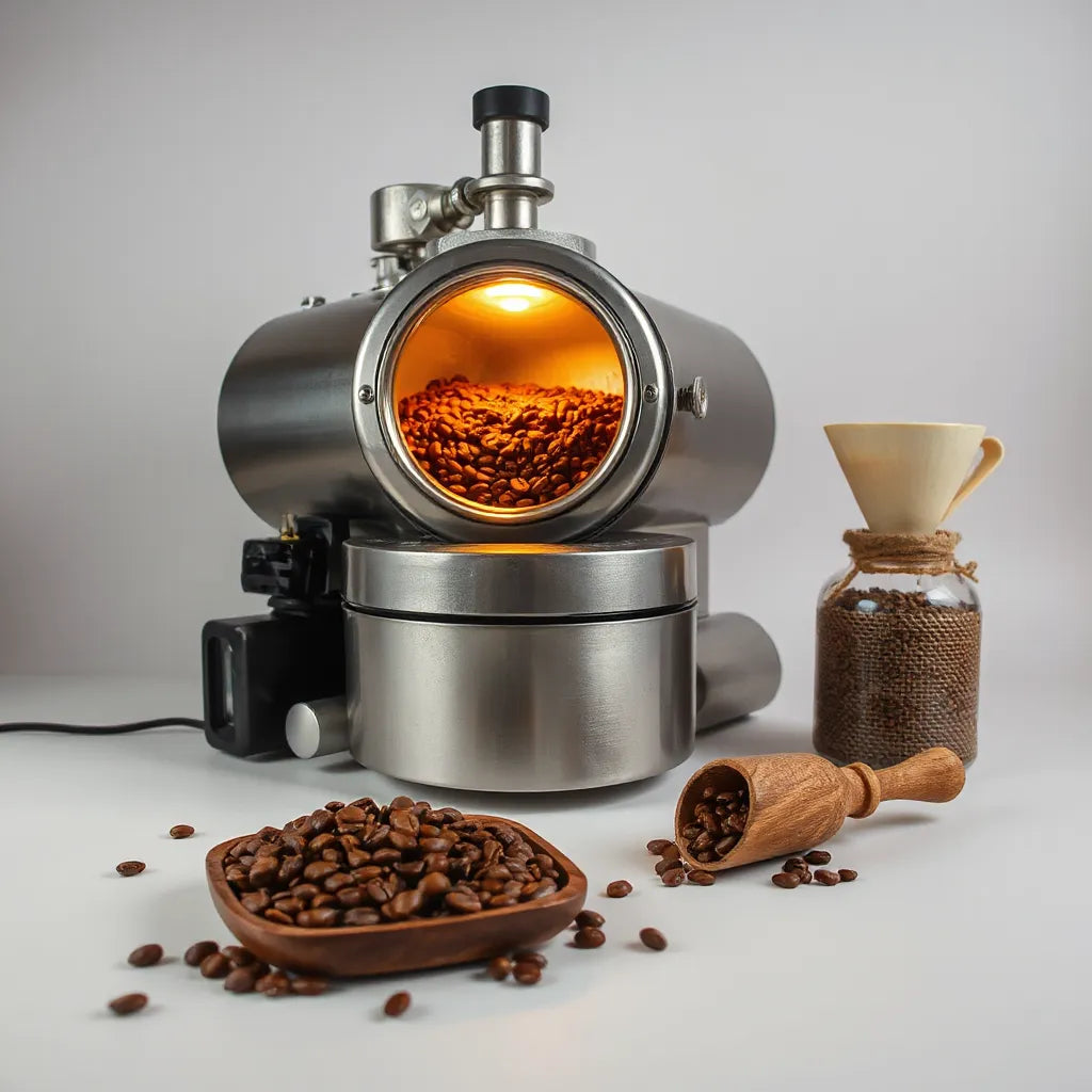 Fresh roasted coffee beans and a stainless steel roaster with warm light in a minimal café setting