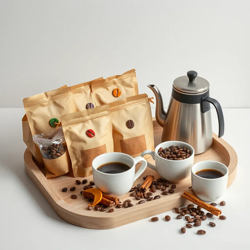 Flavored coffee sample pack with multiple small bags on a wooden tray beside cups and coffee beans