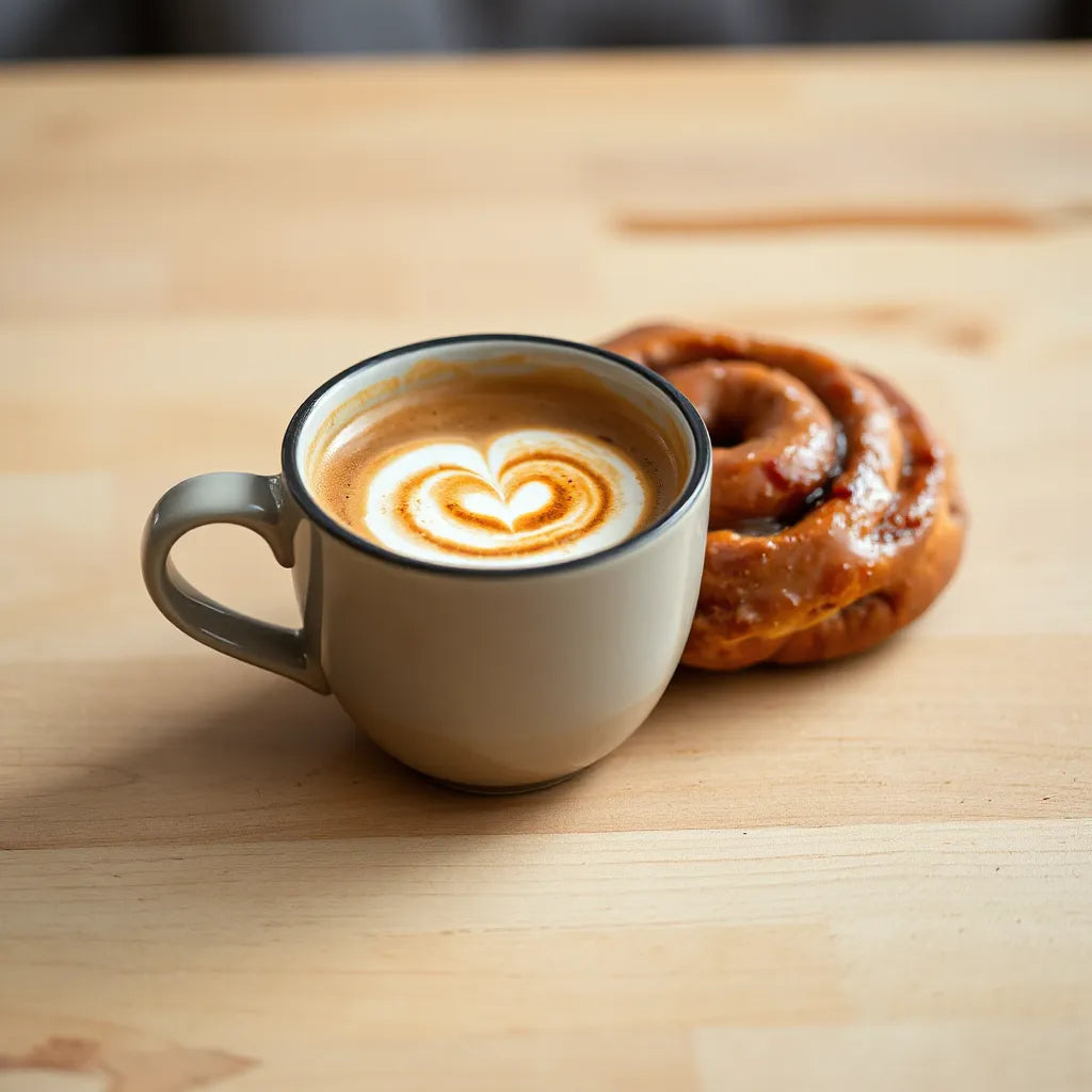Warm cup of coffee with cinnamon foam beside a glazed cinnamon roll on a wooden table