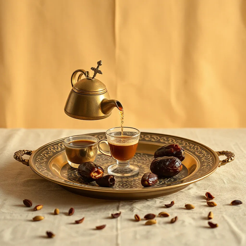 Dallah coffee pot pouring into tiny cups with dates and cardamom on a patterned tray