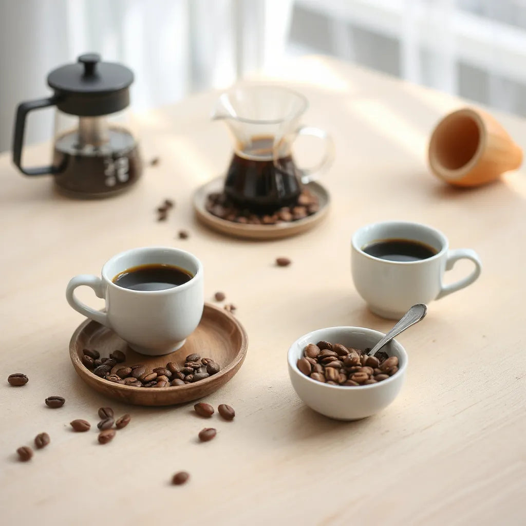Three cups of decaf coffee with varying roast colors and scattered coffee beans on a wooden table