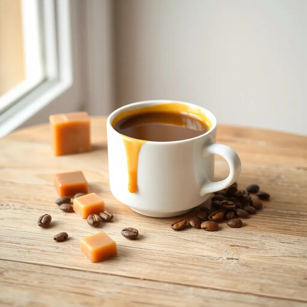 A warm cup of caramel coffee with caramel drizzle, coffee beans, and soft steam on a wooden table
