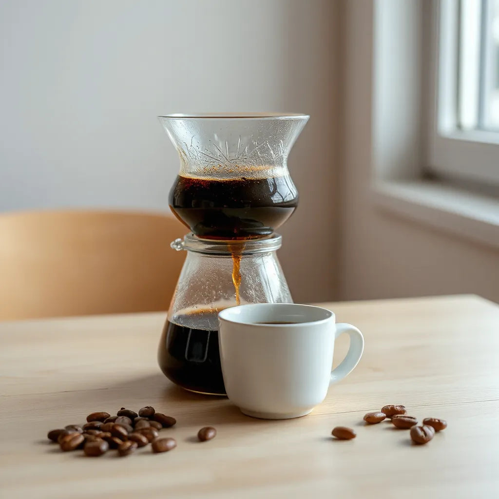 Pour-over coffee brewing with fresh beans on a wooden table under soft natural light