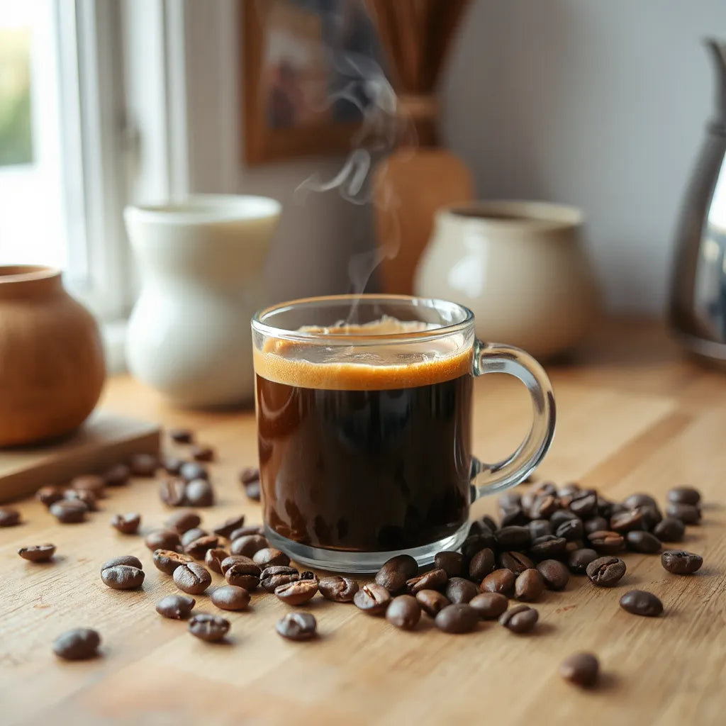 Steaming cup of rich aromatic coffee with visible crema and scattered coffee beans on a wooden surface