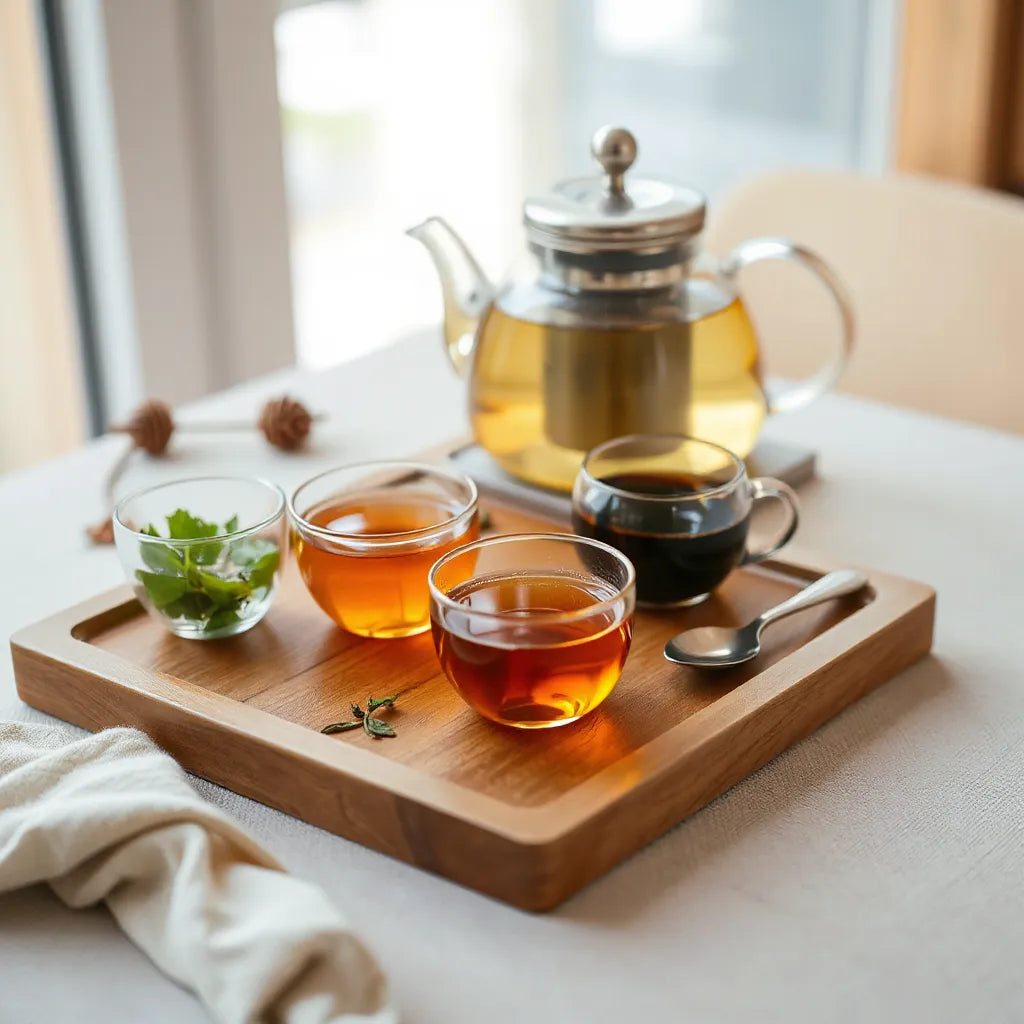Assorted specialty teas in teacups with loose leaves on a wooden tray near a glass teapot