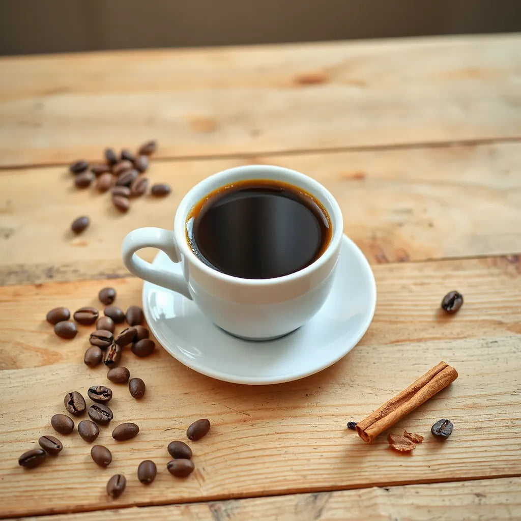 Cup of medium roast flavored coffee with coffee beans and cinnamon beside it on a wooden table