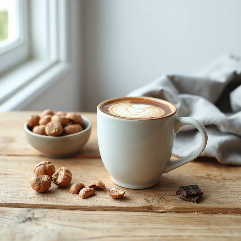 Cup of chocolate hazelnut coffee with cocoa swirl, hazelnuts, and chocolate pieces on a wooden table