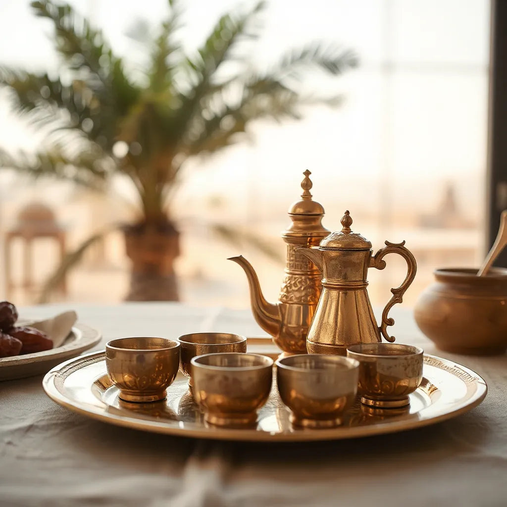 Traditional brass coffee pot and small cups on a tray under warm lighting