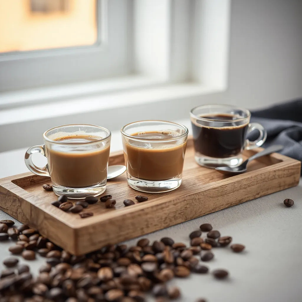 Assorted roasted coffee blends in small cups with coffee beans on a wooden tray under morning light