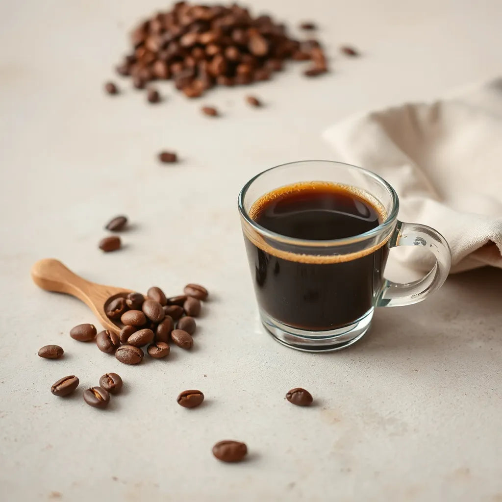 Freshly brewed coffee with visible crema beside whole coffee beans on a light surface
