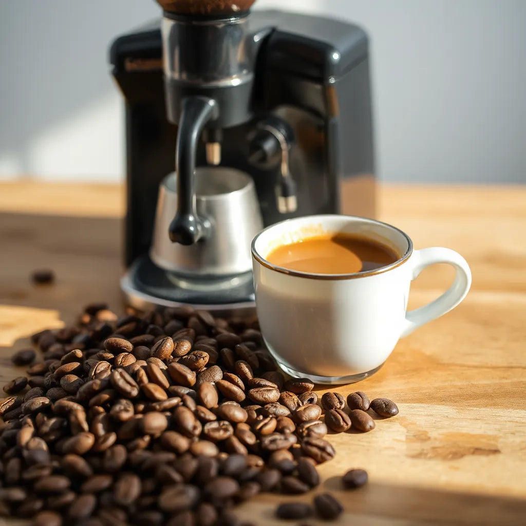 Warm cup of coffee with visible crema and coffee grounds on a wooden surface, soft steam rising